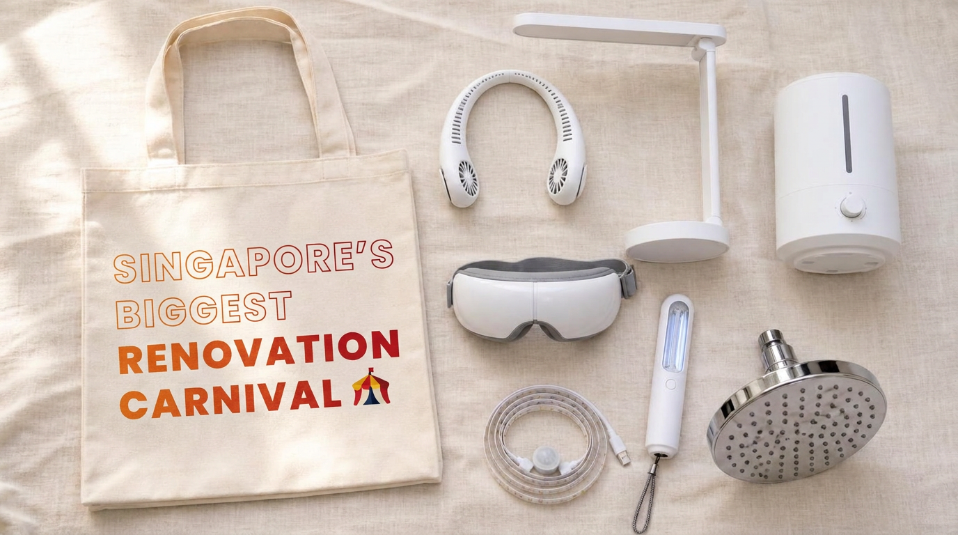 Free door gifts: SBRC tote bag, neck fan, LED desk lamp, humidifier, eye massager, UV torch, LED motion sensor light strip and Wells shower head